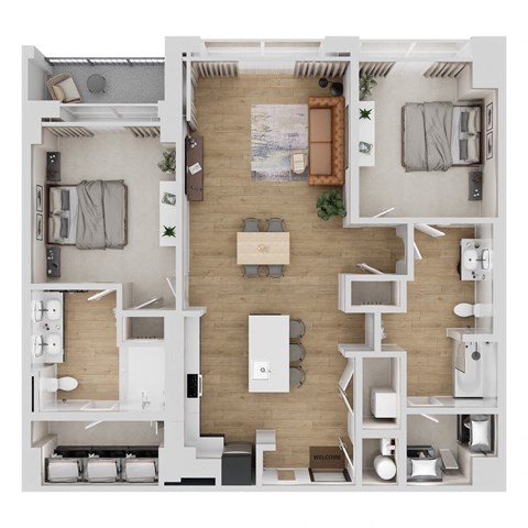 Floor plan for 2 beds, 2 baths, 1165 sqft